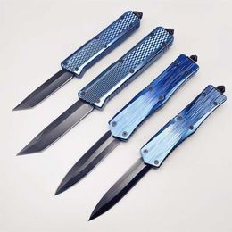 Ztech Titanium Coated Blue Handle Stainless Steel Blade Push Button Belt Clip Pocket Clip Survival Situations Floding Knife