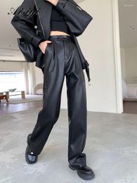 Women's Pants 2023 Autumn And Winter Black PU Leather Loose Straight Leg High Waist Wide Casual Suit Long