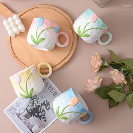 Mugs Hand-painted Tulip Mug Couple Ceramic Cup Embossed Flowers High Appearance Level Ins Wind Accompanied Hand Salute Water Cups