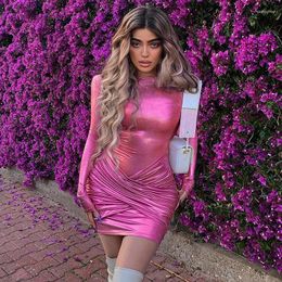 Casual Dresses Y2K Metallic Gilding Bodycon Mini Dress 2023 Autumn Women O Neck Long Sleeve Cross Ruched Slim Club Party Birthday Robe