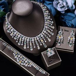 Necklace Earrings Set Deluxe 4PCS Tassels Statement Jewellery Heavy Cubic Zircon Wedding Dubai Bridal Full