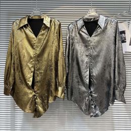 Women's Blouses Oversized Button Up Metallic Shirts Gold Silver Fall Tops