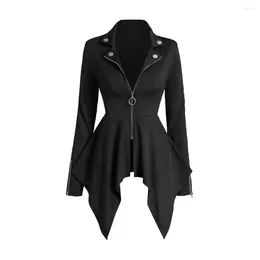 Women's Jackets Zip Up Asymmetrical Hem Punk Style Coat For Fashion Women Long Sleeve Solid Black Colour Mock Button Handkerchief Jacket