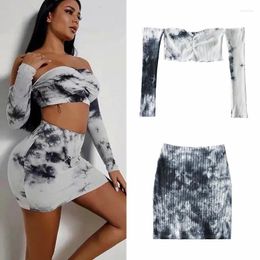 Work Dresses 2 Piece Set Women Sexy Elastic Knitted Off Shoulder Tight Long Sleeve Crop Tops Tie Dyed Mini Skirts Suit Spring Summer