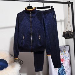 Women's Two Piece Pants Dark Blue Sports Knitted Tracksuits Women Outfits Bright Silk High Collar Zipper Cardigan Coat Long Loose Knit Set