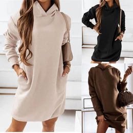 Casual Dresses Women Sweatshirt Dress Autumn Winter O-Neck Long Sleeve Solid Pullover Loose Hooded LTYF-D6453XH