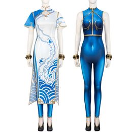 Cosplay Adult Women FIGHTER Cosplay Costume Chun Li Blue Jumpsuit Fancy Halloween Carnival Outfit Printing Dress