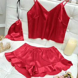 Women's Sleepwear 3 Pcs Set Ice Silk Pajama Sets Fashion Soild Suspenders And Shorts With Hanging Bag Home Wear Sexy