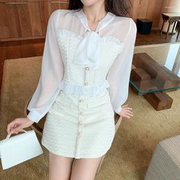 Work Dresses 2023 Elegant Women Tweed Patchwork Lace Up Bow Long Sleeve Top A-Line Short Skirt Suit Sweet Ladies 2 Piece Set Skirts