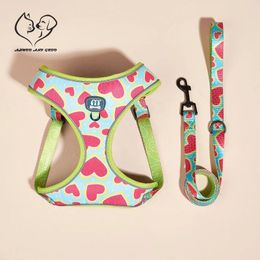 Dog Collars Print Breathable Harness Leash Set Pink Soft Pet Chest Strap Small Medium Large Dogs Reflective Outdoor Travel Supplies