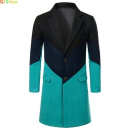 Men's Wool Blends Black Green Patchwork Trench Coats Men's Business Office Long Jacket Winter Men Woolen Windbreaker S M L XL 2XL 231030