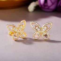 Lovely Earrings Jewellery 18K Real Gold Plated Bling CZ Stone Butterfly Studs Earrings for Girls Women Gift