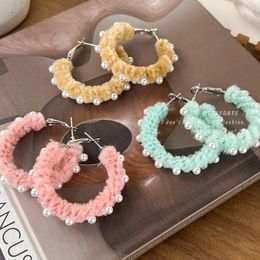 Hoop Earrings Minar 2023 Autumn Winter Candy Color Plush Cloth C Shaped For Women Imitation Pearl Large Earring Birthday Gifts