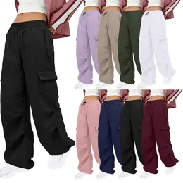 Women's Pants Solid Multi Pockets Cargo Women Elastic High Waist Drawstring Cuff Loose Casual Streetwear Trousers All Matching Bottoms
