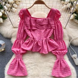 Women's Blouses French Bubble Sleeve Pink White Shirt Blouse Autumn Wear High Waist Square Neck Pleated Ruffle Top 2023
