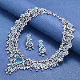 Necklace Earrings Set 2023 2pcs Bridal Cubic Zirconia Full Jewelry Se Luxury Dubai Nigerian Blue Crystal Wedding T For Women's Party