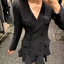 SandroV neck tweed edge fake two-piece patchwork double breasted dress