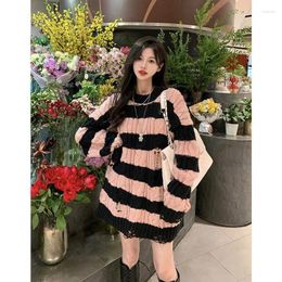 Women's Sweaters Hole Women Sweater Oversized Winter Striped Pullovers Korean Knitwears O-neck Ladies Jumpers Knit Top Vintage Pull Femme