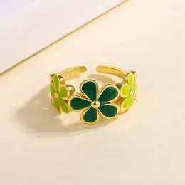 Cluster Rings Foyuan Silver Color Fashion Heavy Craft Elegant Enamel Green Flower Ring Women's Open Index Finger Jewelry