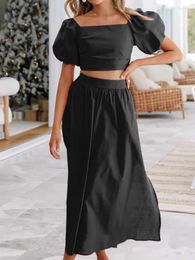 Work Dresses Puff Sleeve Tops And Skirt Solid Outfits Elegant Women Holiday Two Piece Set Casual Lady Summer Loose Matching Suit