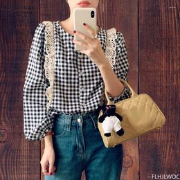 Women's Blouses Ruffles White Lace Tops Design Japan Girls Preppy Style Women Long Sleeve Casual Cute Retro Vintage Plaid Shirts