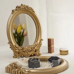 Decorative Objects Figurines Rustic French Style Carving Frame Table Mirror Gold Tray Home Bedroom Makeup 231030