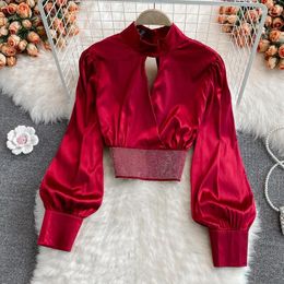 Women's Blouses Autumn Korean Style Stand Collar Chest Hollow Diamond Puff Sleeve Shirt Fashionable Short Long-sleeved Top