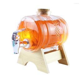 Hip Flasks Pineapple Pattern Beverage Bucket Wine Barrel 1000ML Cute Cold Kettle With Faucet Glass Bottle Wood Stand Drop