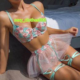 Bras Sets 4-Piece Floral Embroidery Lingerie Set Women Mesh Ball Gown Dress Garter Kit Brief Sexy Erotic Costume