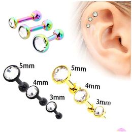 Stud Unique Punk Crystal Ear Sier Black Gold Barbell Earring Cartilage Helix Tragus Piercing Earrings Women Body Jewellery 3Pcs/Set Dr Dhvud