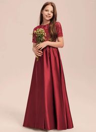 Girl Dresses YZYmanualroom A-line Scoop Floor-Length Lace Satin Junior Bridesmaid Dress With Pleated