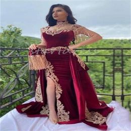 Elegant Red Algerian karakou Evening Dress With Detachable Train Luxe Beaded Gold Lace Caftan Morrocan Prom Dress With Slit Iraqi Formal Party Gown Vestidos De Festa