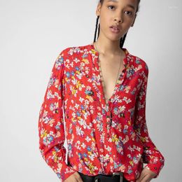 Women's Blouses Women Blouse 2023 Pre-Fall French Long Sleeve Letter Floral Print Red Viscose Shirt