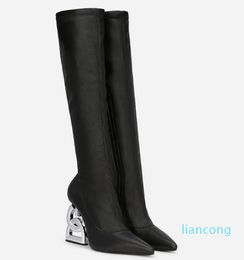 Women Boots shape Heel -plated Carbon Black Stretch Leather Lady Over Knee Booty EU35-43