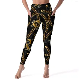 Women's Leggings Gold Chain Shiny Sign Gym Yoga Pants High Waist Stretchy Sports Tights With Pockets Elegant Graphic Leggins