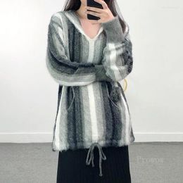 Women's Sweaters Gradient Striped Hooded Sweater Women Lazy Oaf Pullover 2023 Autumn Winter Korean Fashion Mohair Oversized