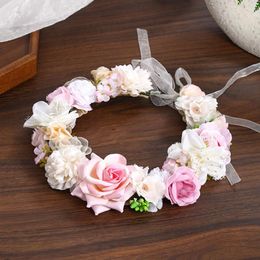 Hair Clips Flower Garland Boho Style Wreath Bridal Tiaras Crown Wedding Seaside Outdoor Jewelry Floral Hairband With Ribbon Decoration