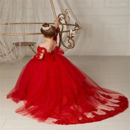 Girl Dresses 2023 Red Flower Girls Bow Appliques Backless Lace Fluffy Round Neck With Long Sleeves Beautiful Bridesmaid Birthday