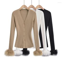 Women's Knits Korean Fashion Crop Cardigan Woman Sexy Cropped Sweaters For Women 2023 Fall V Neck Black Long Sleeve Top Fuzzy