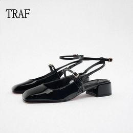 Dress Shoes TRAF High Heels Mary Janes Shoes For Women Pumps Heels Fashion Double Buckle Strap Pumps Woman Black Patent Leather Shoes 231030