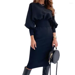 Casual Dresses Women High Waist Slim Fit 2023 Autumn Crew Neck Lantern Long Sleeve Dressy Female Sweet Style Party Wrap Hip Gown