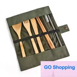 Classic Wooden Dinnerware Set Bamboo Teaspoon Fork Soup Knife Catering Cutlery Sets with Cloth Bag Kitchen Cooking Tools Utensil