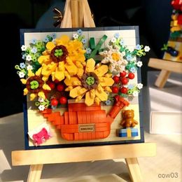 Blocks Flower Blocks Building Bouquet with Easel Home Decoration 3D Model Bouquet Rose Toy Plant Potted DIY Potted Gift R231031