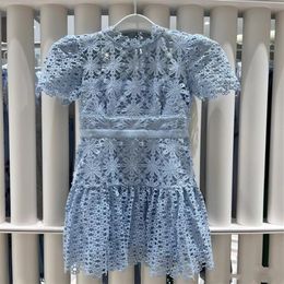 Runway Dresses 2023 European designer designed sky blue snowflake lace cut-out dress155I
