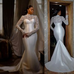 Modest Long Sleeves Detachable Train Wedding Gown Lace Mermaid Appliqued Tulle Back Bridal Gowns for African Lady Engagement Events