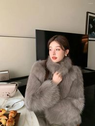 Women's Fur 2023 Women Winter Short Plush Faux Coat Warm Fluffy Furry Stand Collar Jacket Environmental Friendly Clothes C59