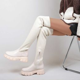 2022 Autumn/Winter New Fashion Leather Snow Boots Round Toe Thick Sole Long Elastic Knee Over Socks 231031