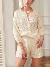 Women's Tracksuits French Hollow Out Knitted Suit Ladies Lace Trim Round Neck Single-Breasted Cardigan Or Elastic Waist Shorts