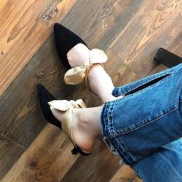 The Row Pointed Cat Heel Single Shoes 23 Summer New Genuine Leather Bow Muller Shoes Baotou Slippers for Women Yjhf