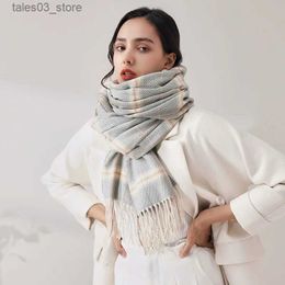 Scarves White Winter Scarf 2022 New Women's Cashmere Headscarf Korean Style Sweet Plaid Stripe Neck Scarf Long Tassel Shawls Q231031